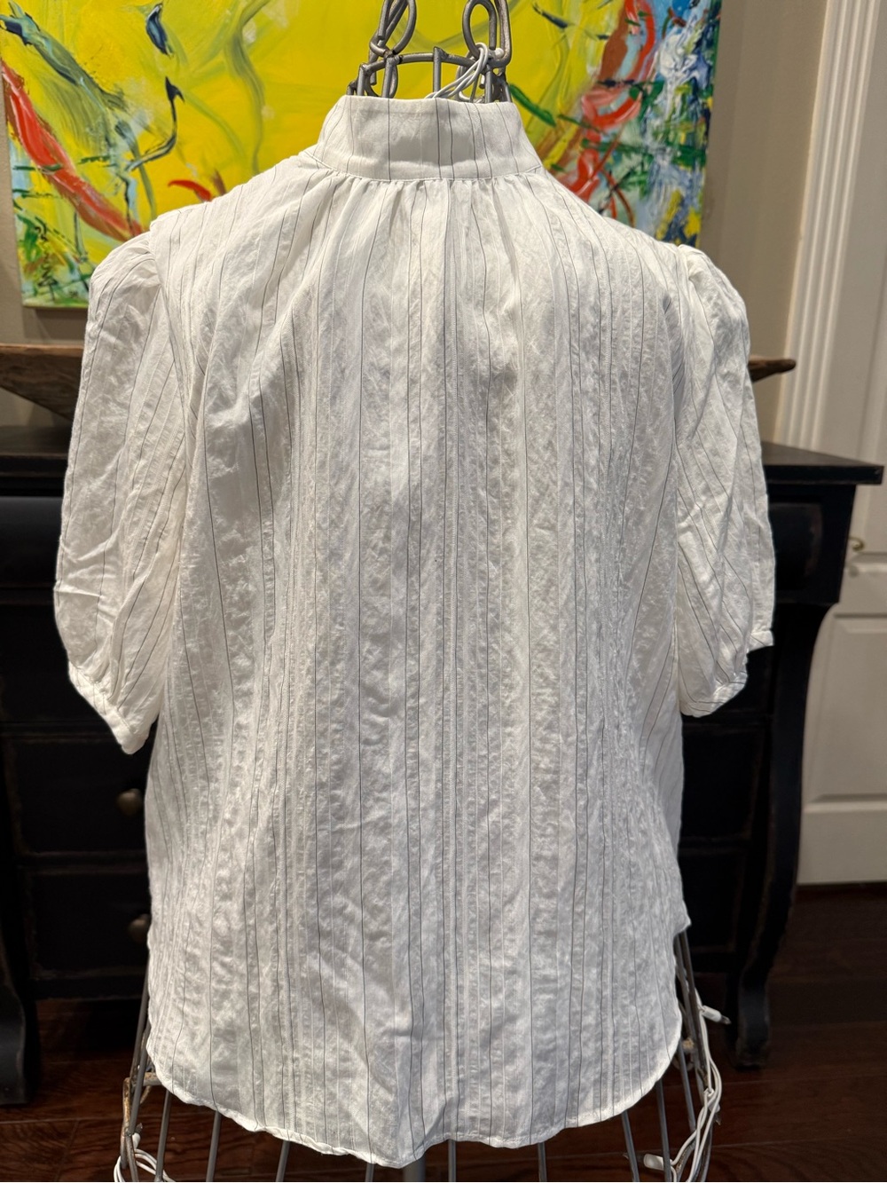 Ann Taylor White Pinstripe Textured Short-Sleeve Blouse